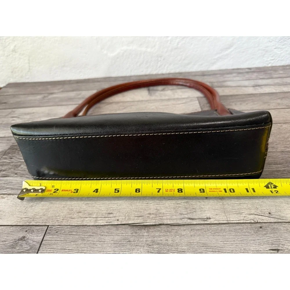 Del Borgo Vintage Black Italian Leather Baguette Handbag Cognac Handles MINT